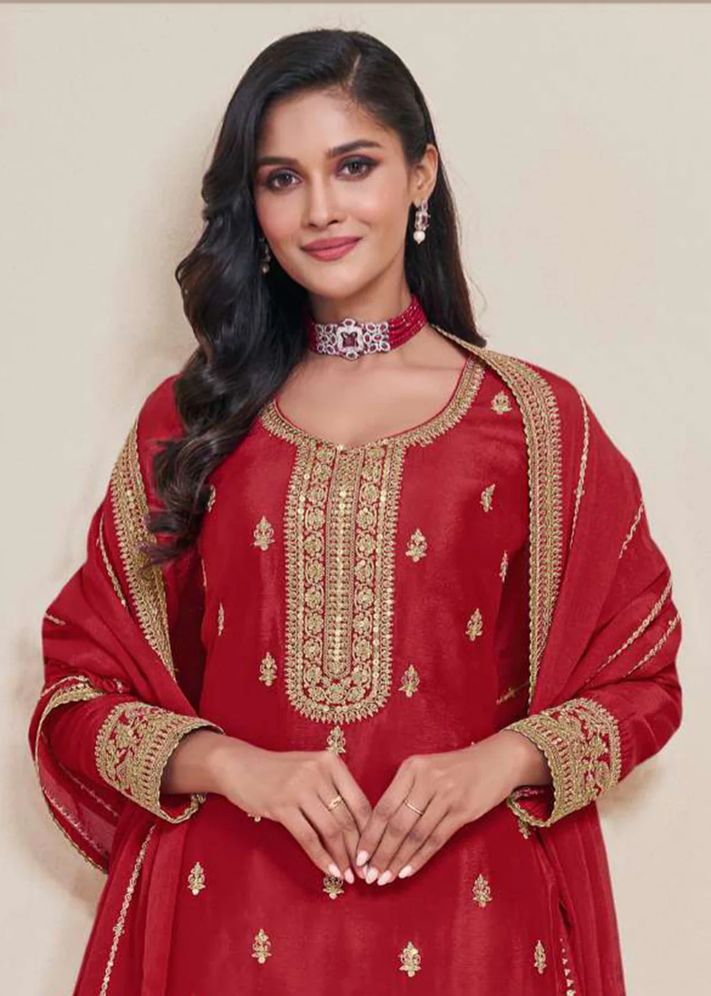 Hot Red Embroidered Chinnon Sharara Style Suit - Image 2