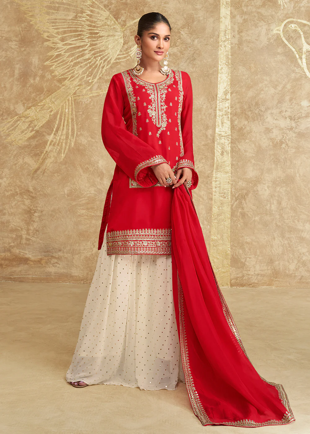 Hot Red Embroidered Chinnon Silk Sharara Suit - Image 3
