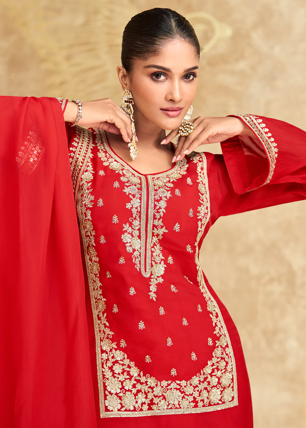 Hot Red Embroidered Chinnon Silk Sharara Suit - Image 4