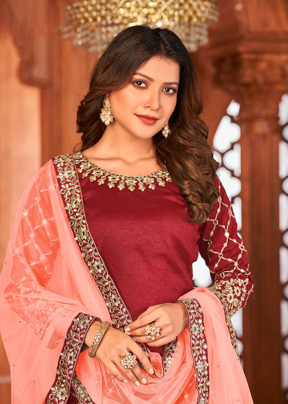 Hot Red Glass Work Art Silk Patiala Salwar Suit - Image 2