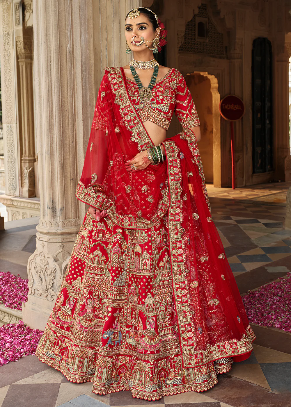Hot Red Khatli Embroidered Silk Bridal Lehenag Choli