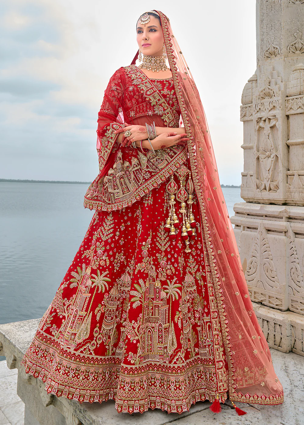 Hot Red Silk Embroidered Bridal Wear Lehenga Choli