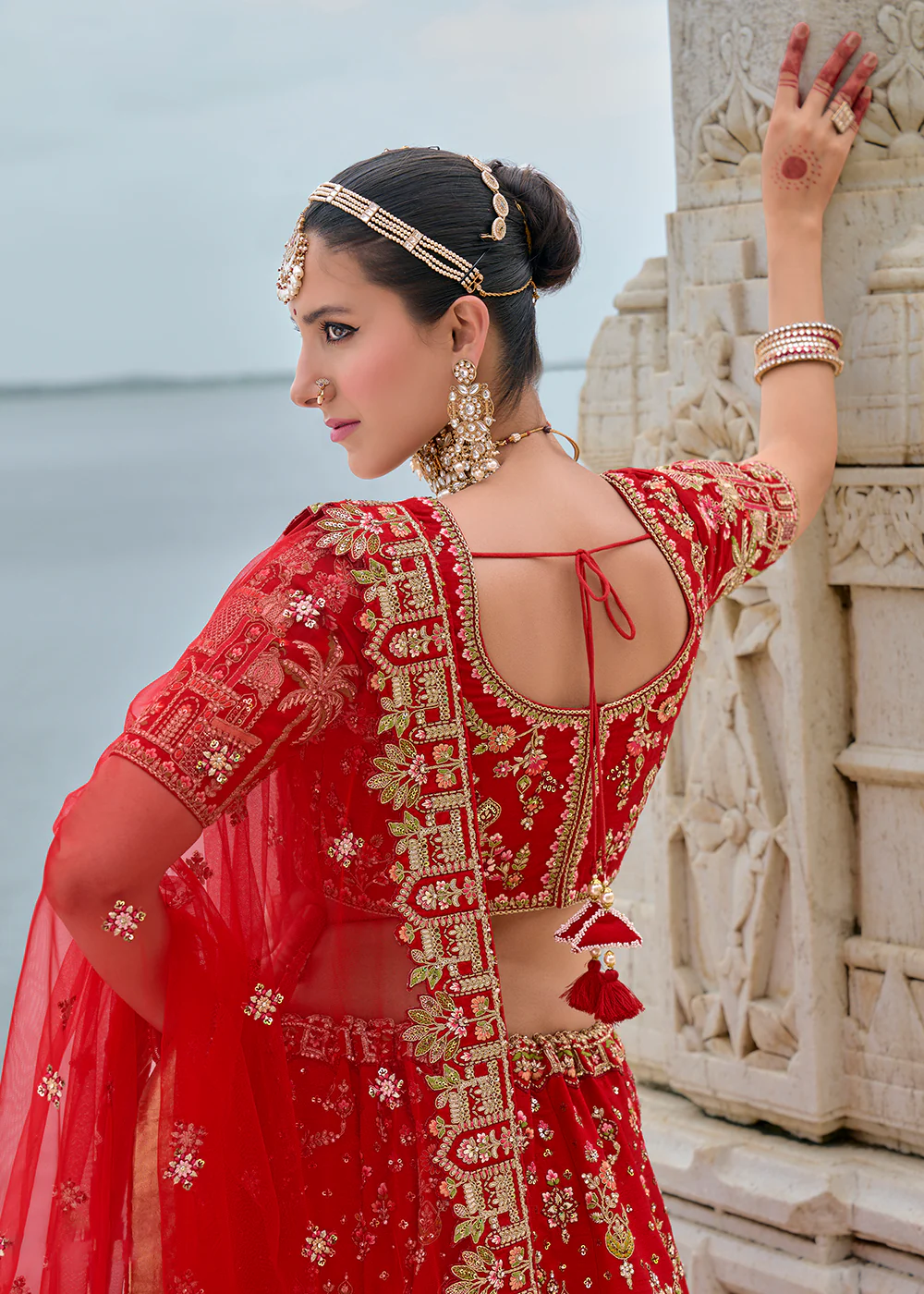 Hot Red Silk Embroidered Bridal Wear Lehenga Choli - Image 3