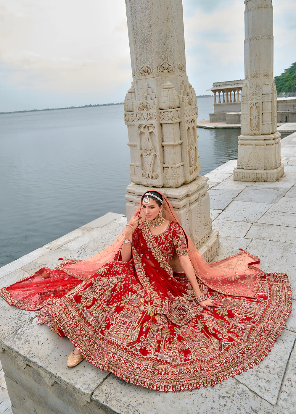 Hot Red Silk Embroidered Bridal Wear Lehenga Choli - Image 4