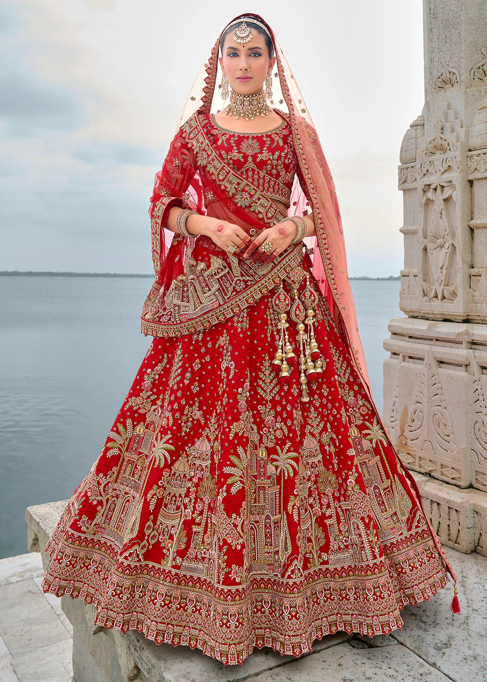 Hot Red Silk Embroidered Bridal Wear Lehenga Choli - Image 5