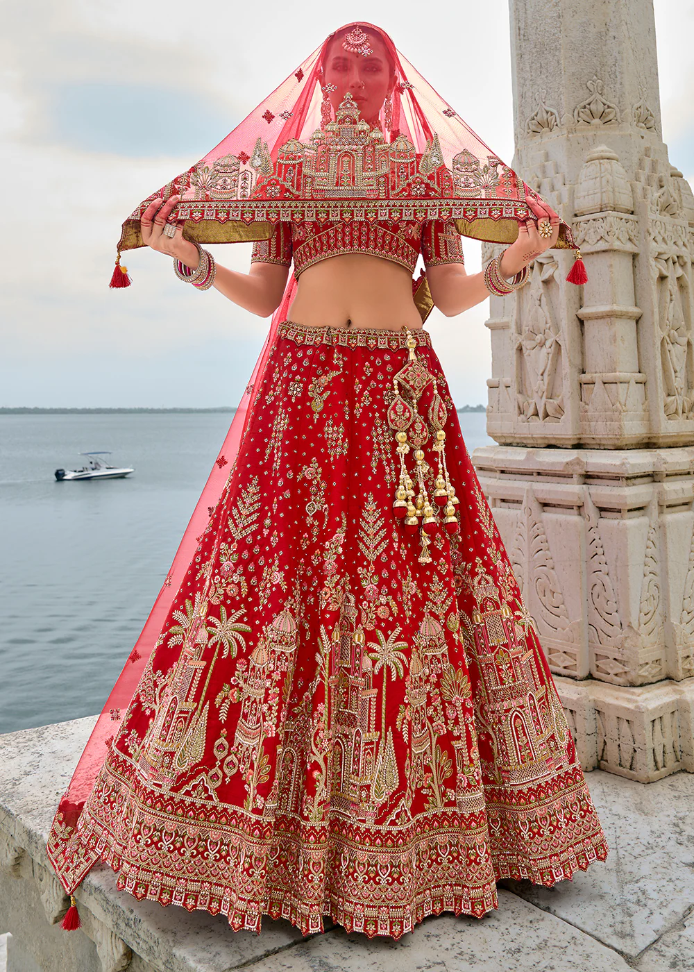Hot Red Silk Embroidered Bridal Wear Lehenga Choli - Image 6