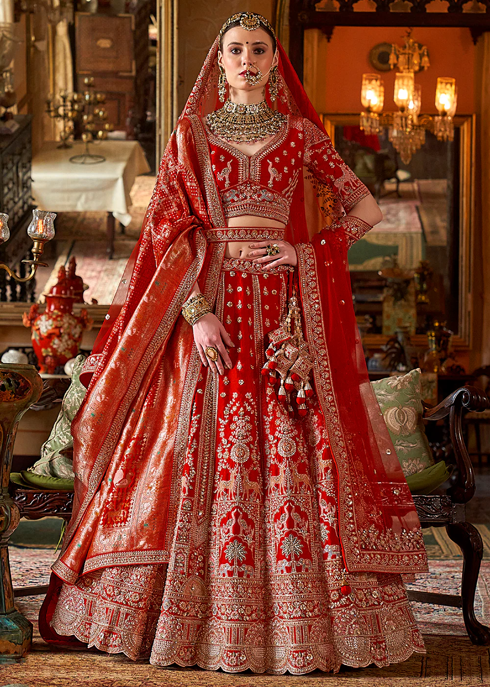 Hot Red Silk Heavily Embroidered Bridal Lehenga Choli