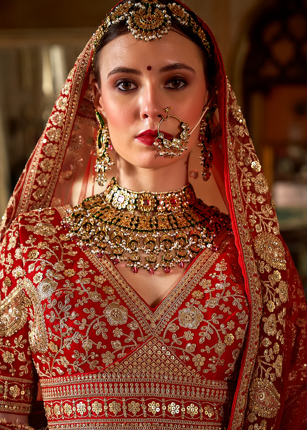 Hot Red Silk Heavily Embroidered Bridal Wear Lehenga Choli - Image 2