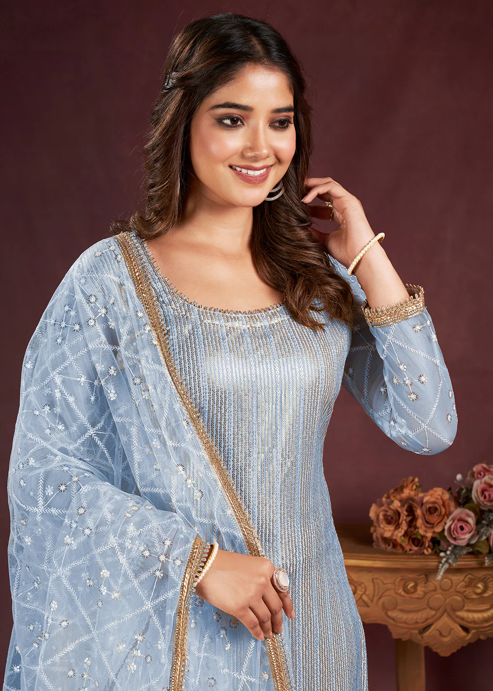 Ice Blue Butterfly Net Embroidered Festive Salwar Suit - Image 2