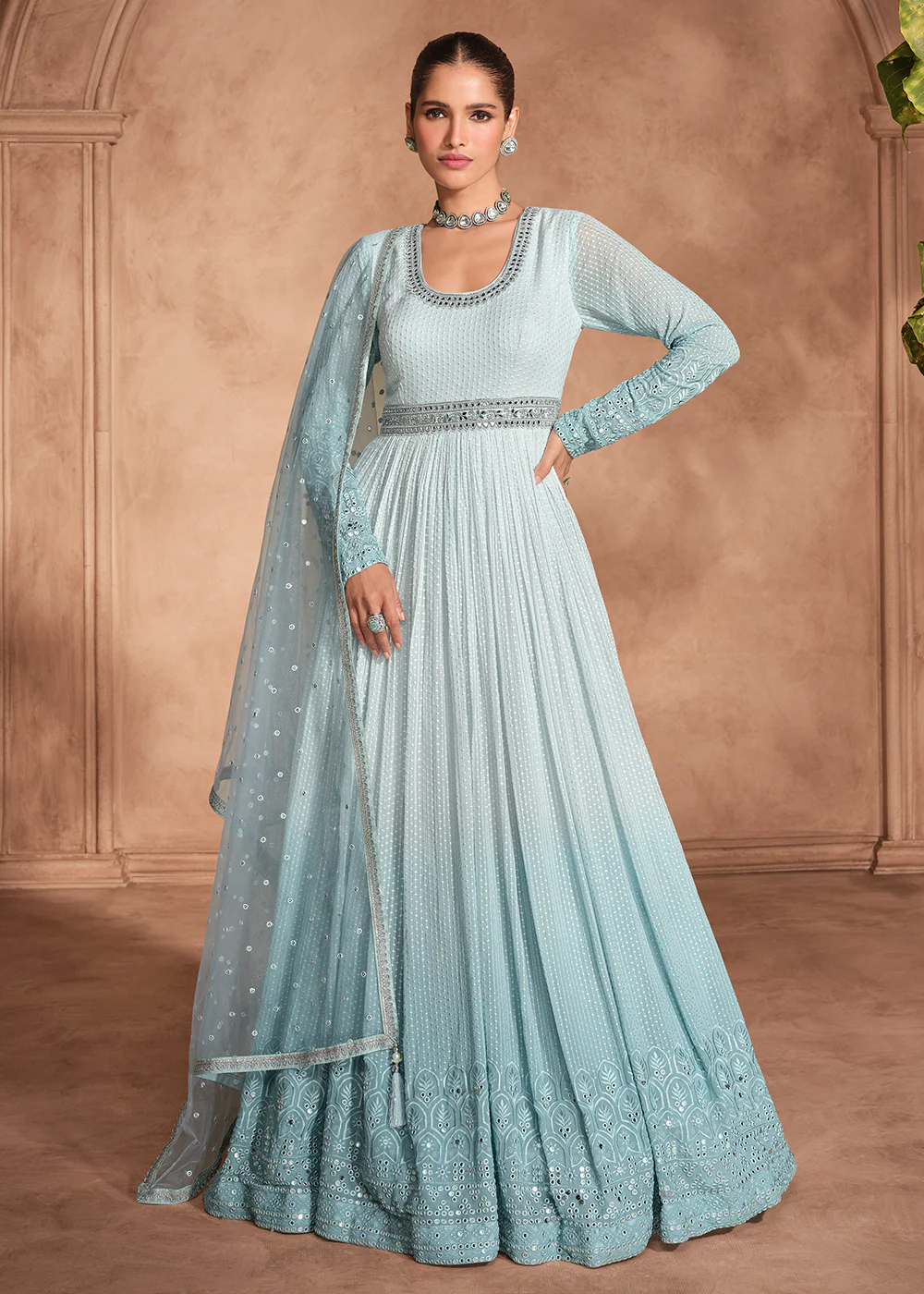 Ice Blue Chikankari Embroidery Wedding Anarkali Gown