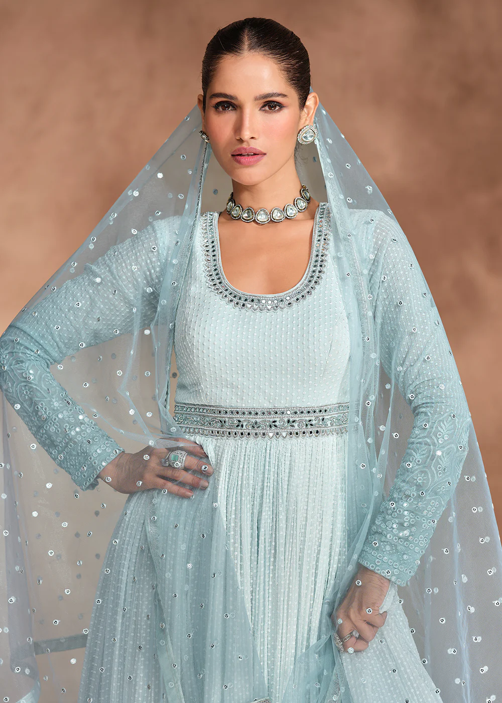 Ice Blue Chikankari Embroidery Wedding Anarkali Gown - Image 2