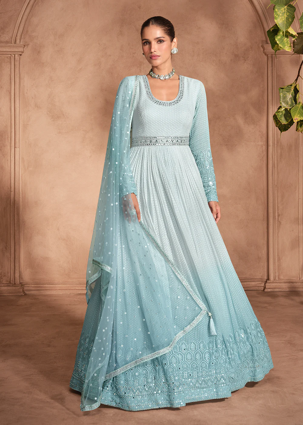Ice Blue Chikankari Embroidery Wedding Anarkali Gown - Image 3