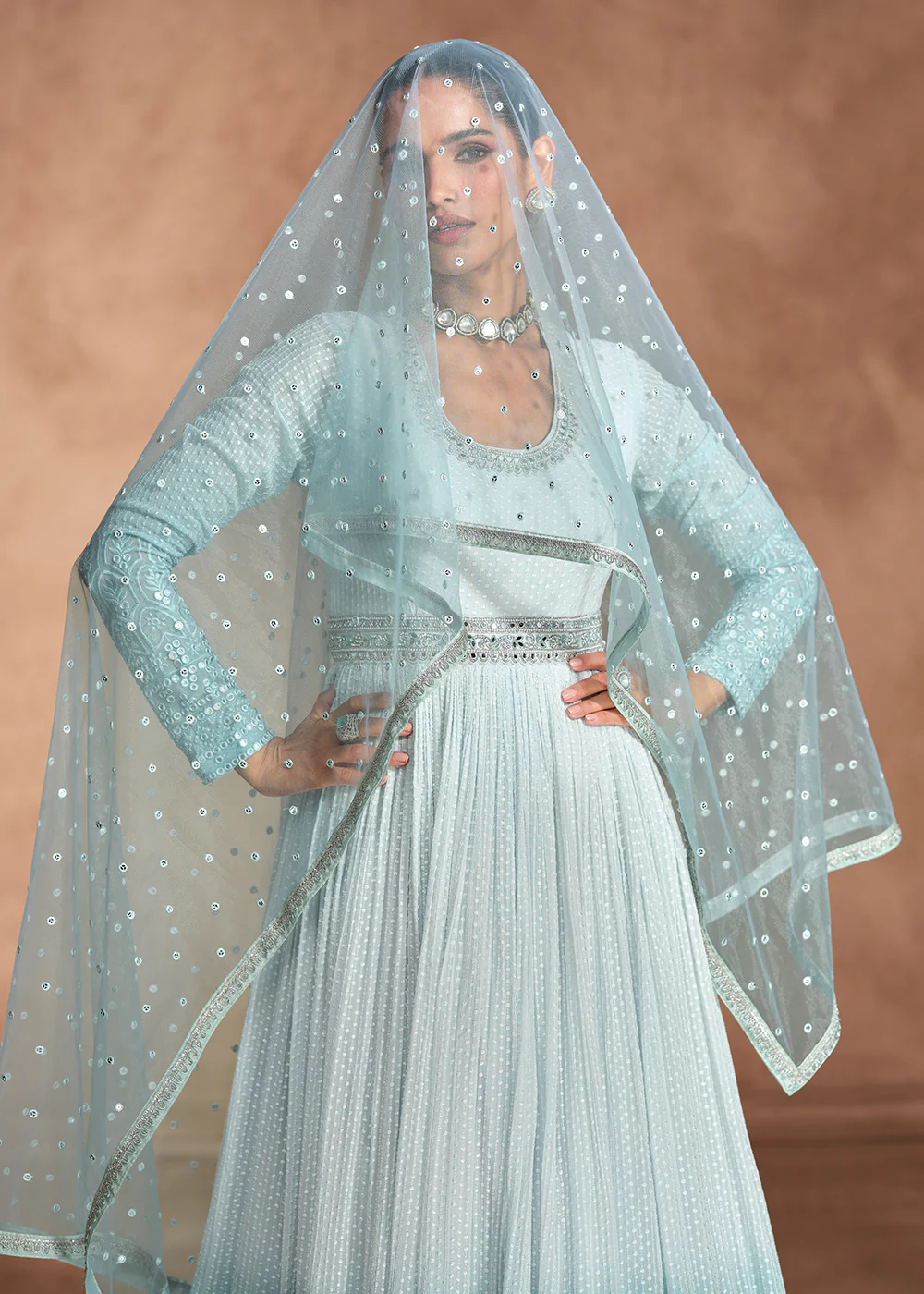 Ice Blue Chikankari Embroidery Wedding Anarkali Gown - Image 4