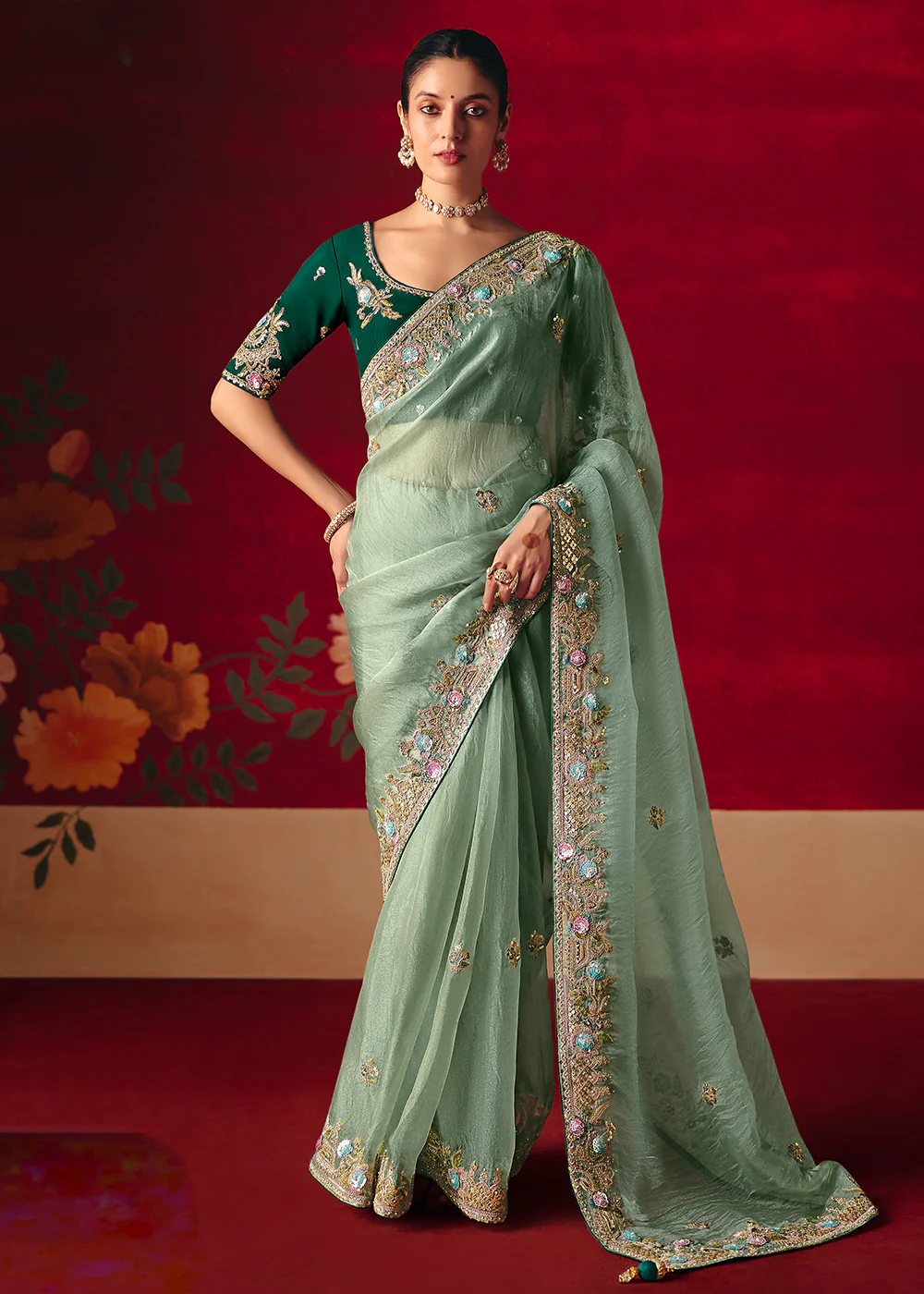 Ice Blue Fancy Material Wedding Designer Saree