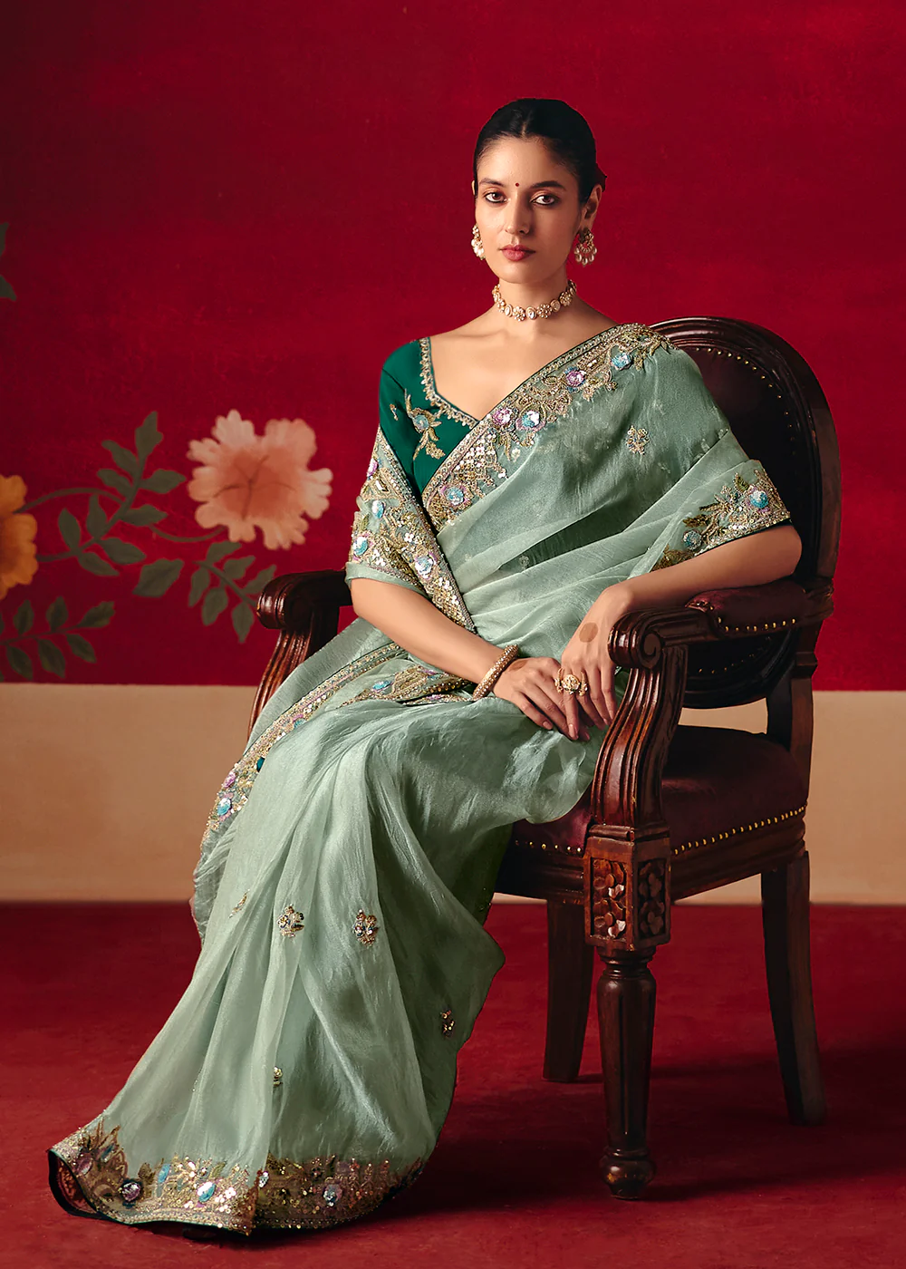 Ice Blue Fancy Material Wedding Designer Saree - Image 4