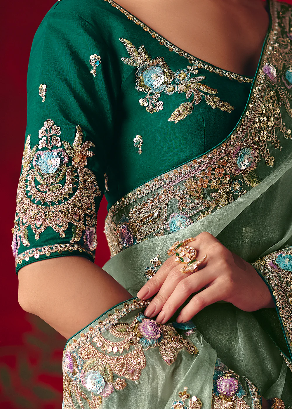 Ice Blue Fancy Material Wedding Designer Saree - Image 5