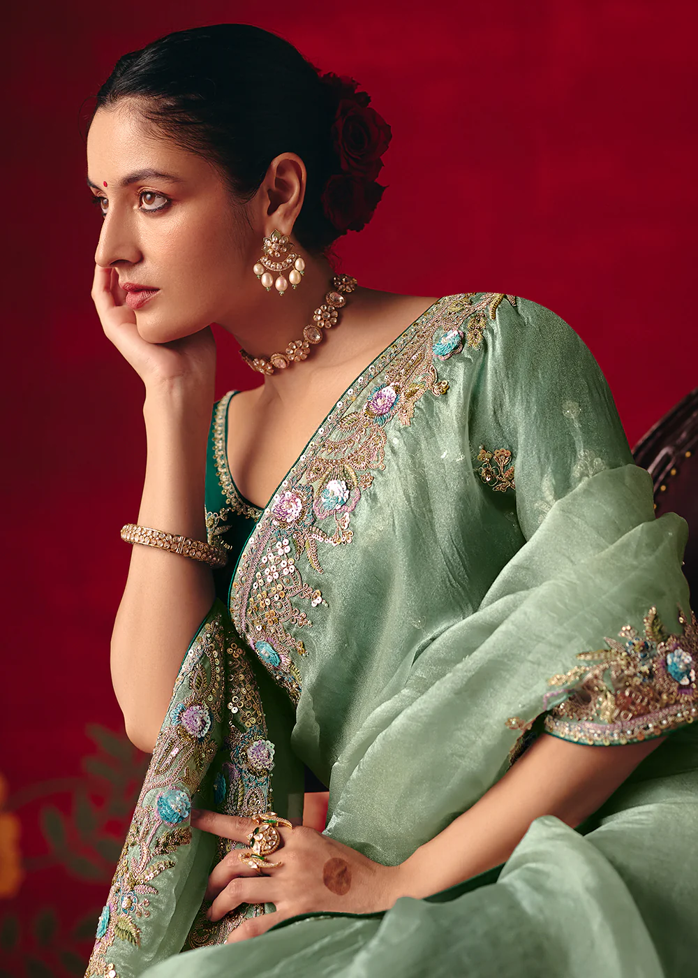 Ice Blue Fancy Material Wedding Designer Saree - Image 6