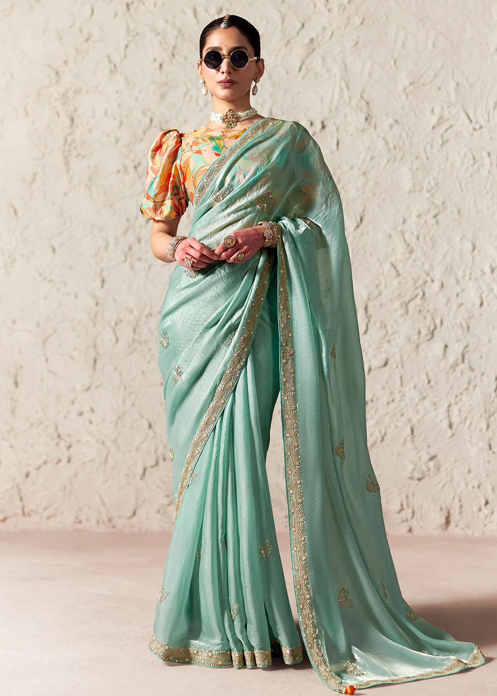 Ice Blue Glass Tissue Organza Designer Wear Saree