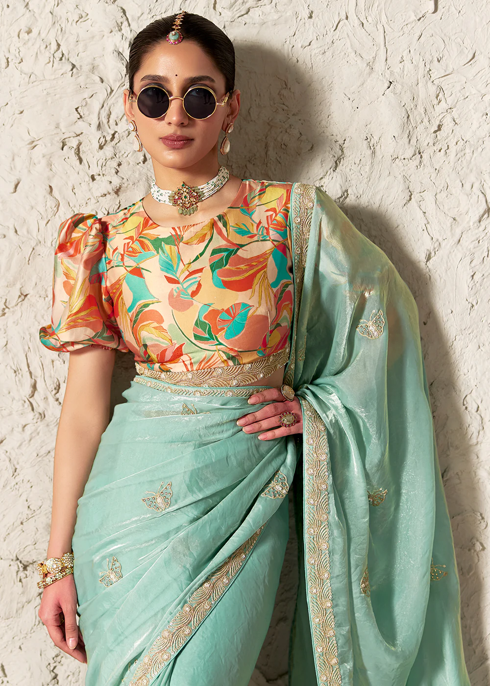 Ice Blue Glass Tissue Organza Designer Wear Saree - Image 2
