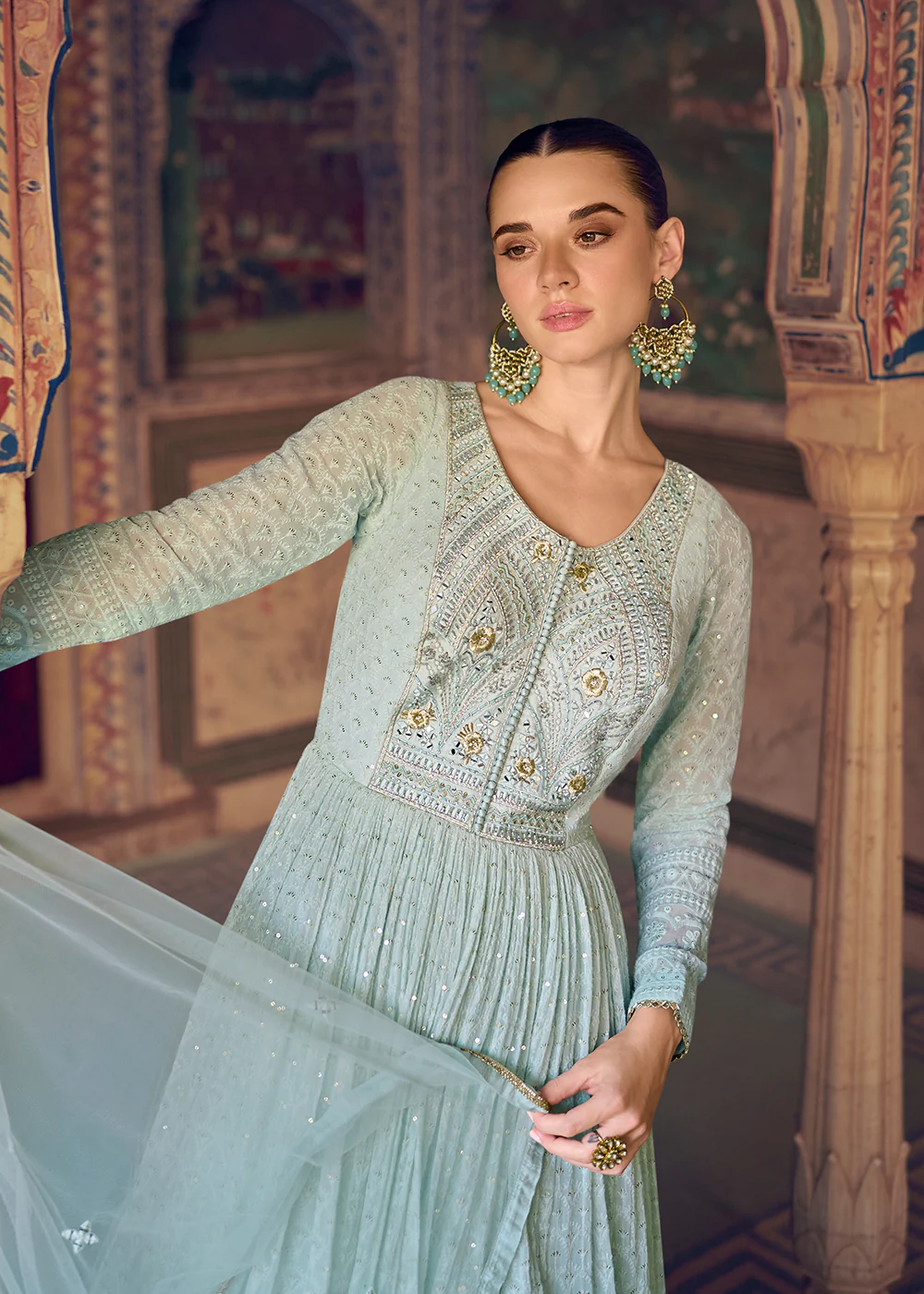 Ice Blue Heavy Chikankari Embroidered Wedding Anarkali Gown - Image 3