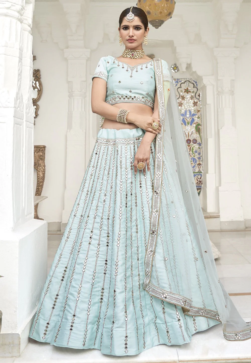 Ice Blue Mirror Work Embroidered Wedding Lehenga Choli