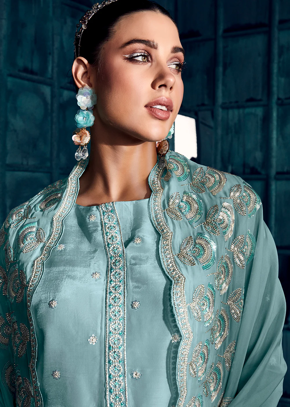 Ice Blue Modale Silk Embroidered Festive Salwar Suit - Image 2