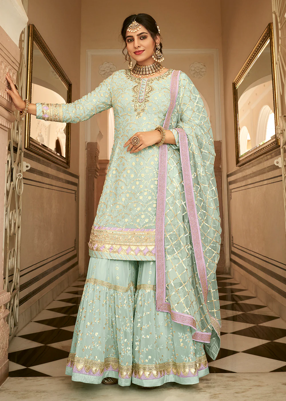 Ice Blue Sequins Embellished Wedding Wear Gharara Style Suit