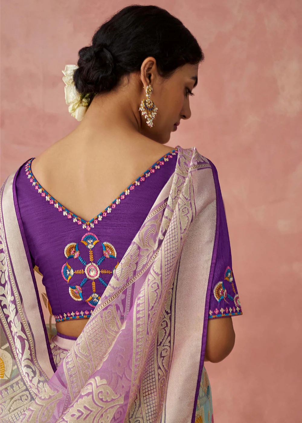 Ice Blue Soft Brasso Organza Printed Festive Classic Saree - Image 3
