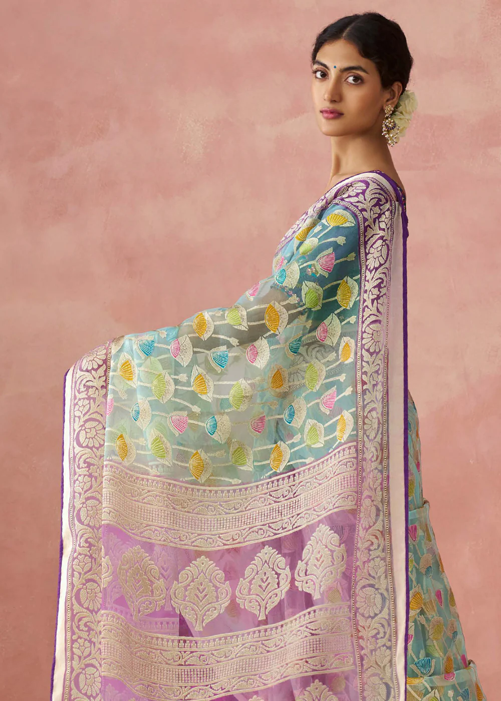 Ice Blue Soft Brasso Organza Printed Festive Classic Saree - Image 4