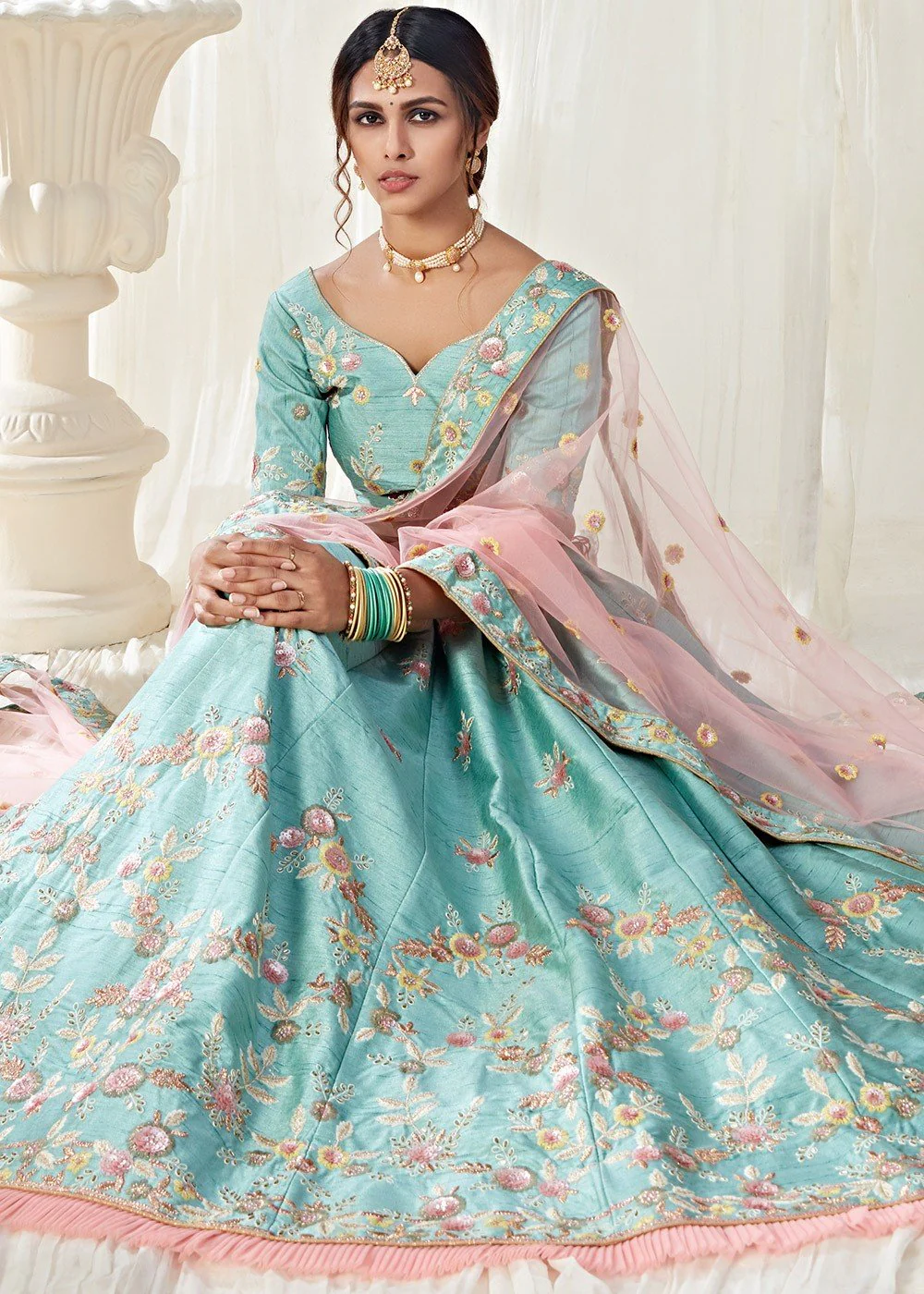 Ice Blue Frilled Embroidered Art Silk Lehenga Choli - Image 2