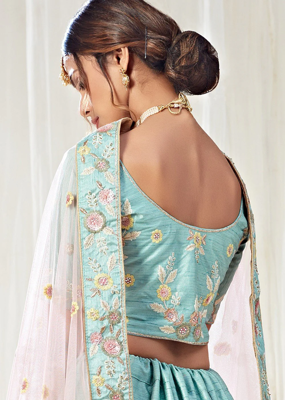 Ice Blue Frilled Embroidered Art Silk Lehenga Choli - Image 3