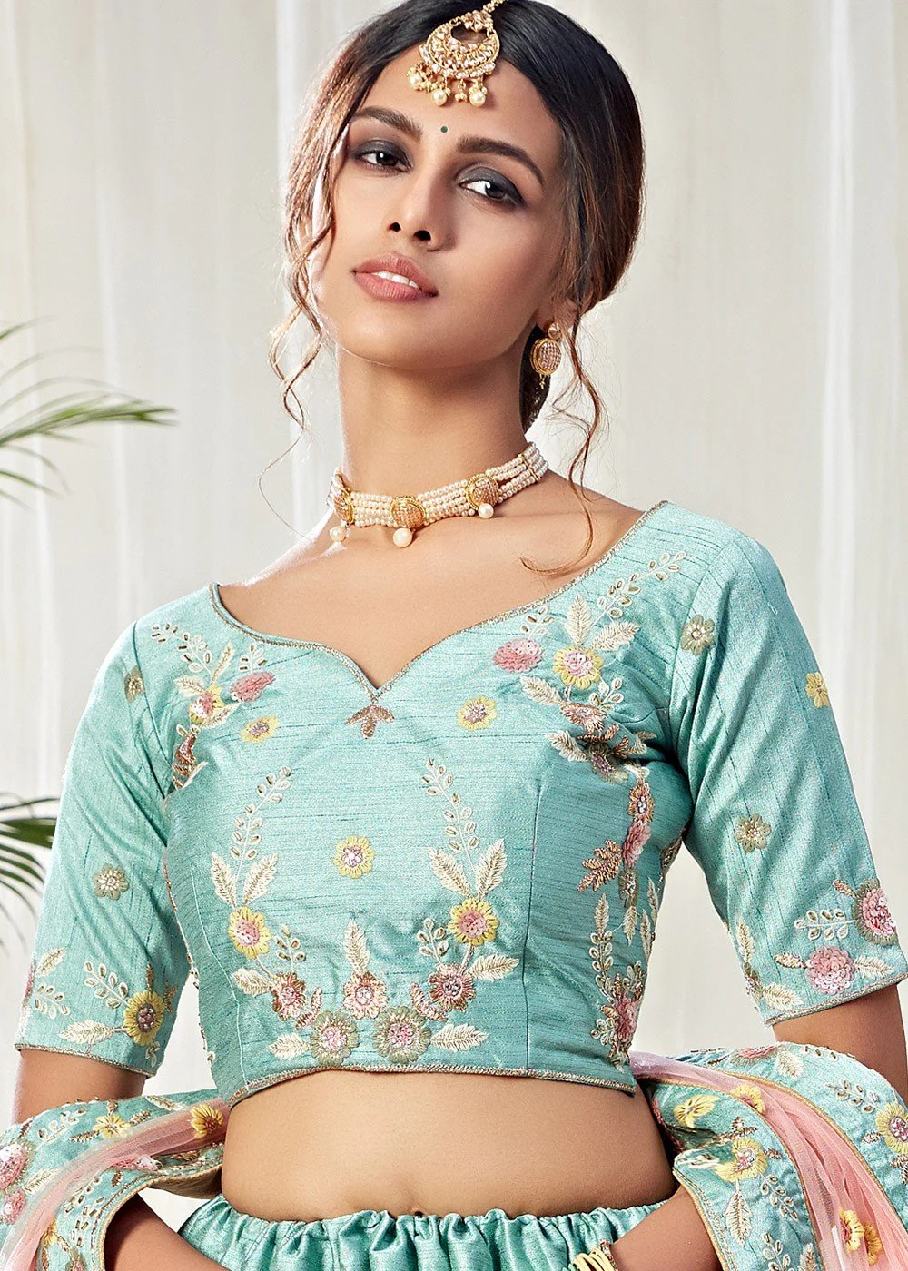 Ice Blue Frilled Embroidered Art Silk Lehenga Choli - Image 4