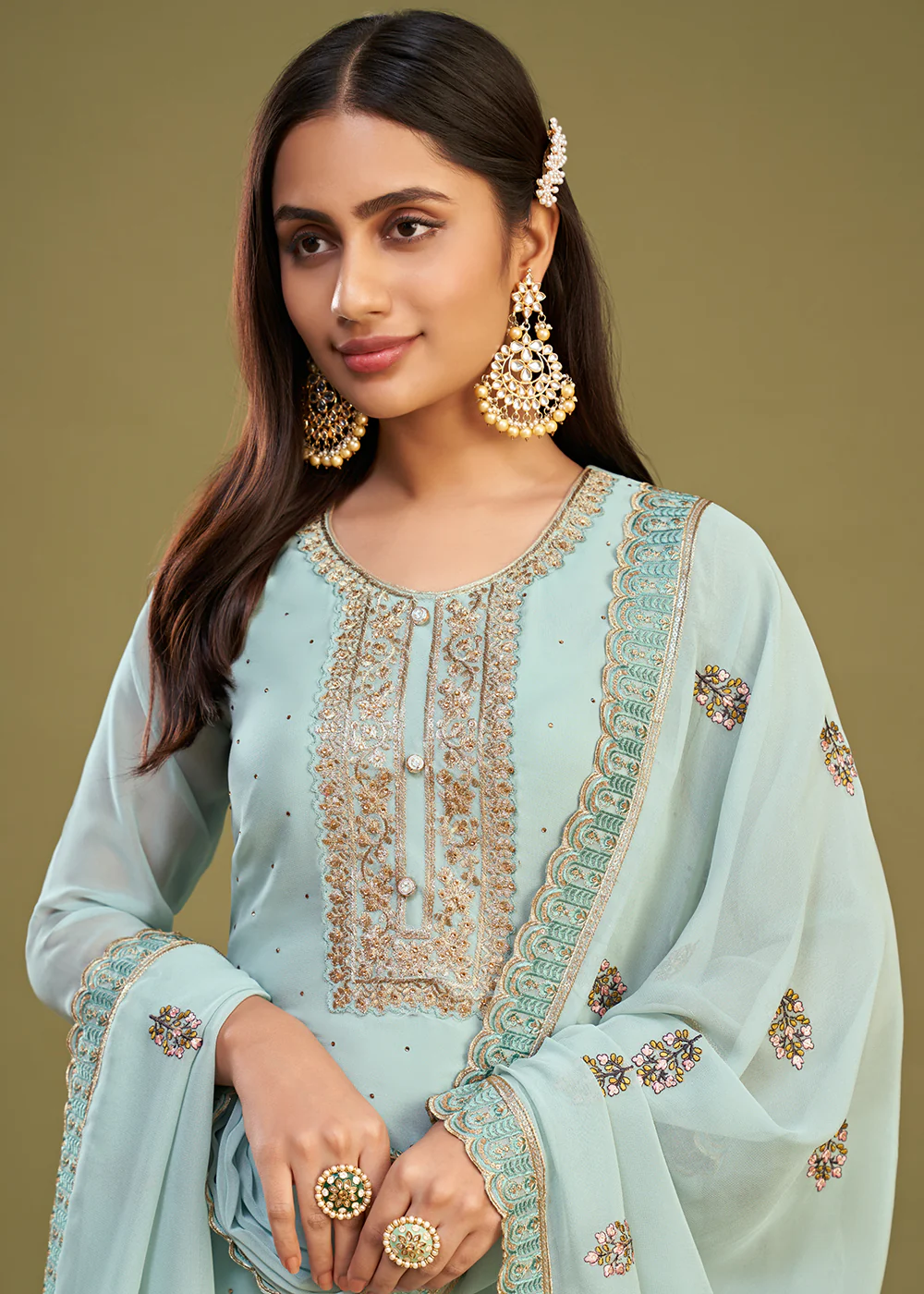 Ice Blue Swarovski Work & Embroidered Eid Wear Salwar Suit - Image 2