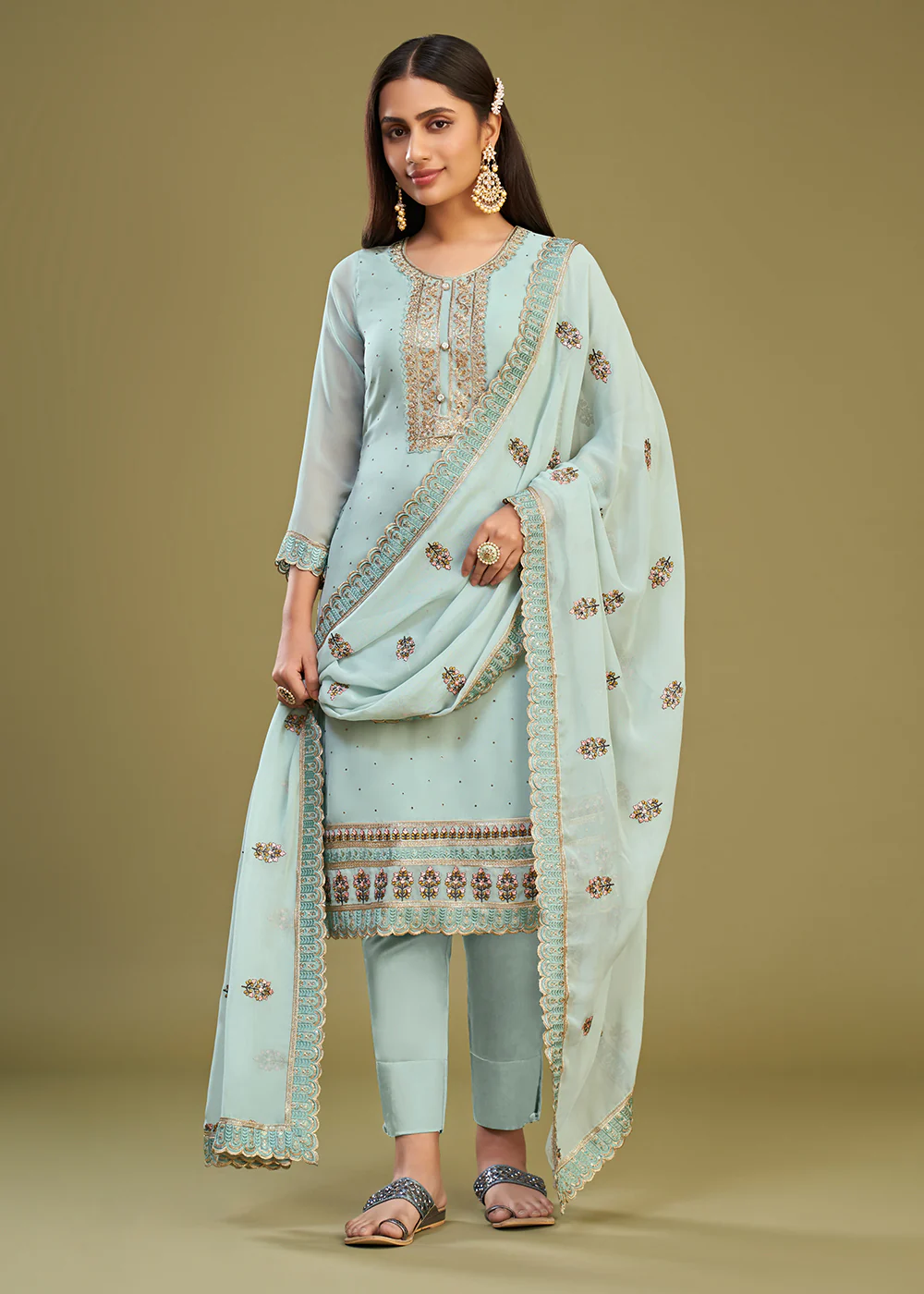 Ice Blue Swarovski Work & Embroidered Eid Wear Salwar Suit - Image 3