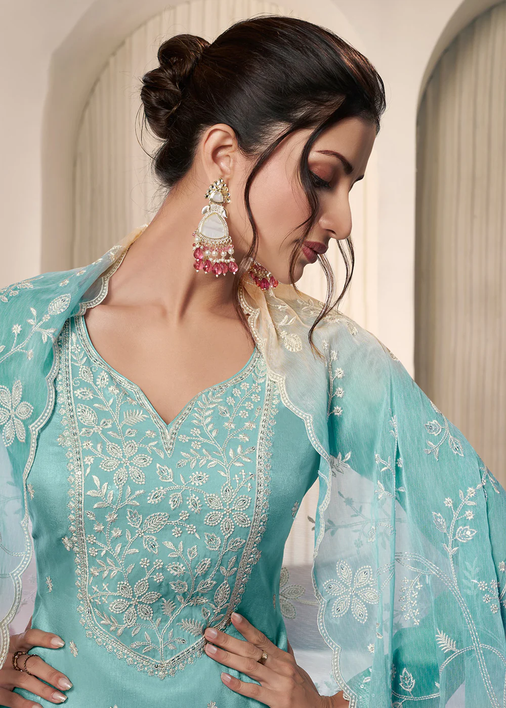 Ice Blue Threads Work Moonga Silk Pant Salwar Suit - Image 2