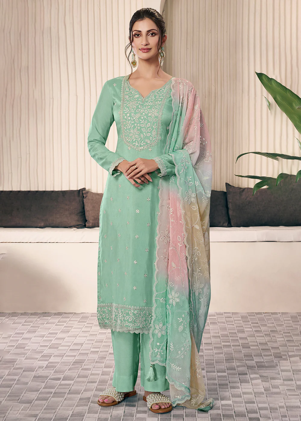 Ice Mint Threads Work Moonga Silk Pant Salwar Suit