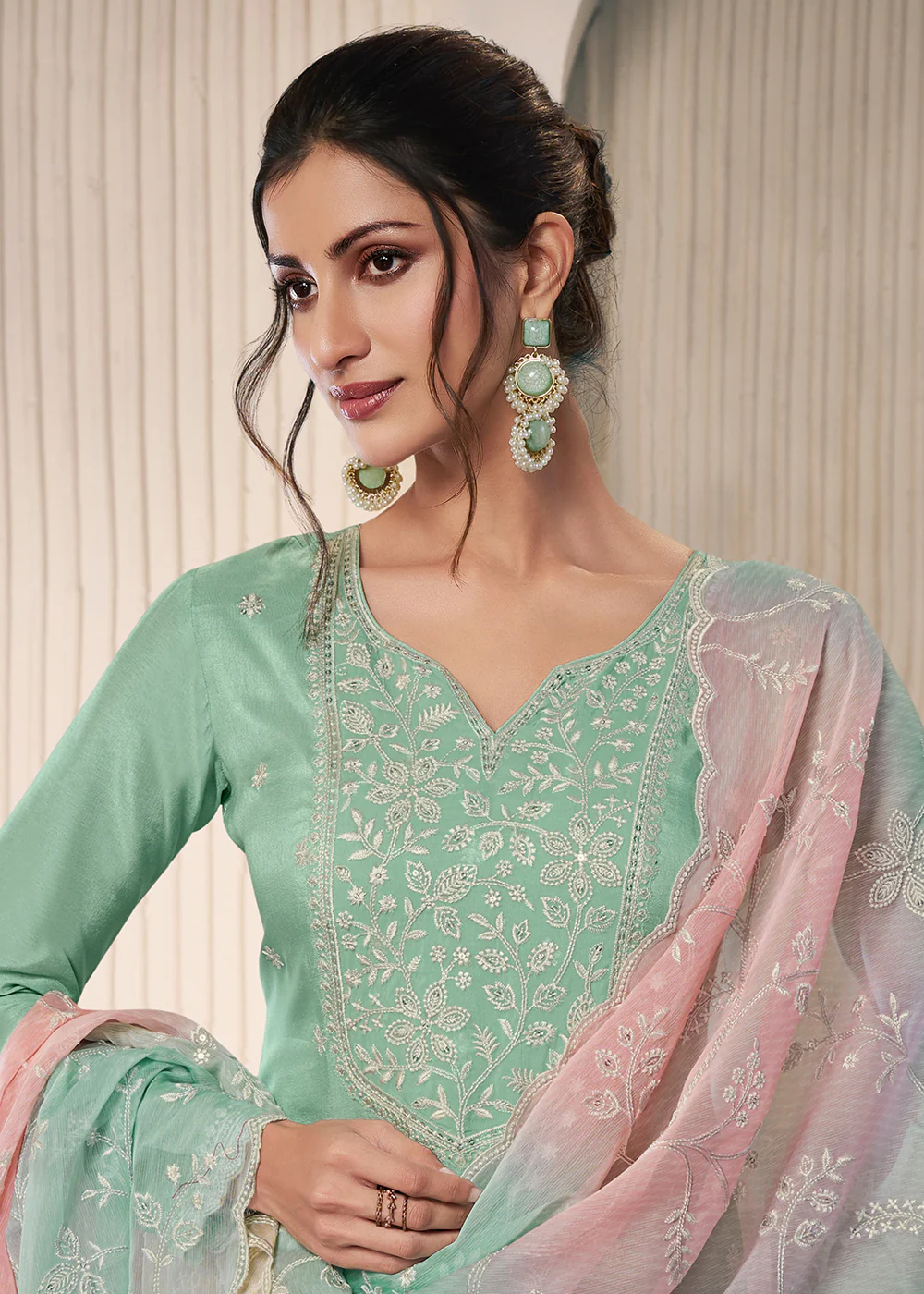 Ice Mint Threads Work Moonga Silk Pant Salwar Suit - Image 2