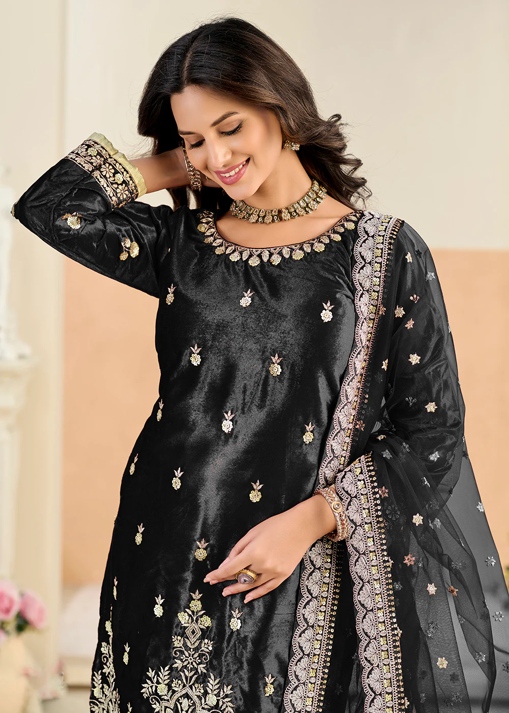 Ice Velvet Amazing Black Tulip Pant Style Suit - Image 2