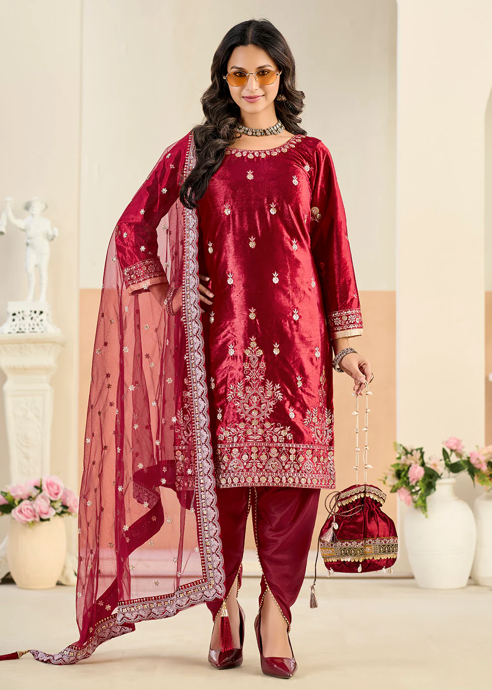 Ice Velvet Amazing Maroon Tulip Pant Style Suit