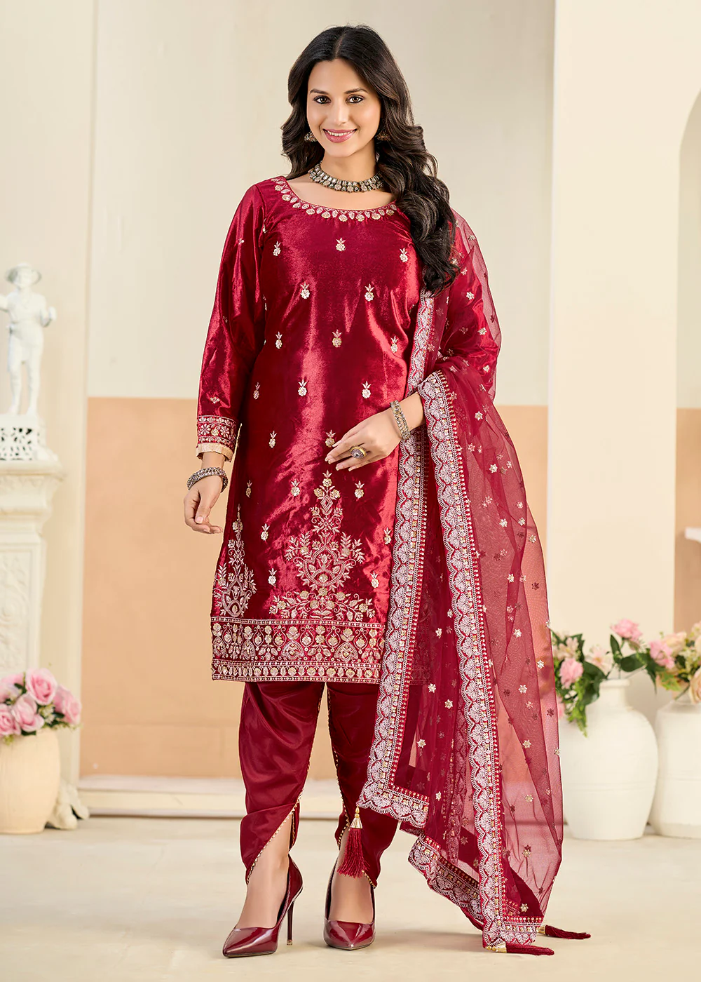Ice Velvet Amazing Maroon Tulip Pant Style Suit - Image 3