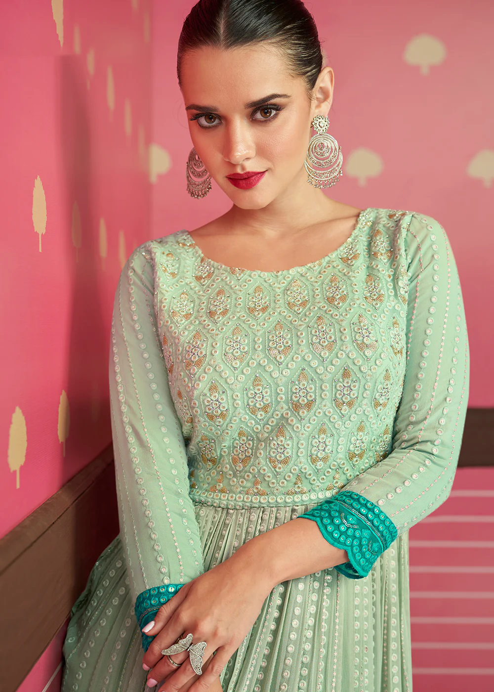 Iconic Aqua Green Embroidered Long Palazzo Suit - Image 2