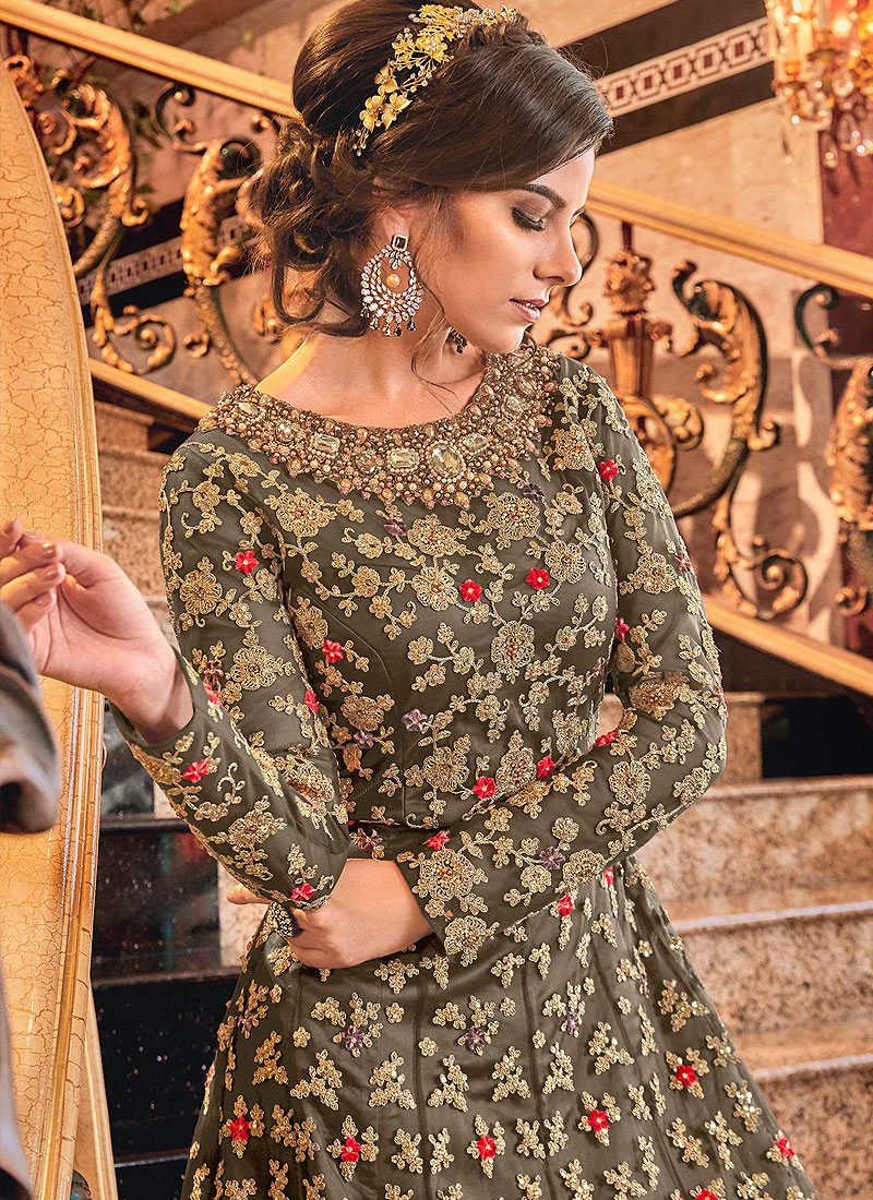 Impeccable Brown Designer Net Jacket Anarkali Suit - Image 2