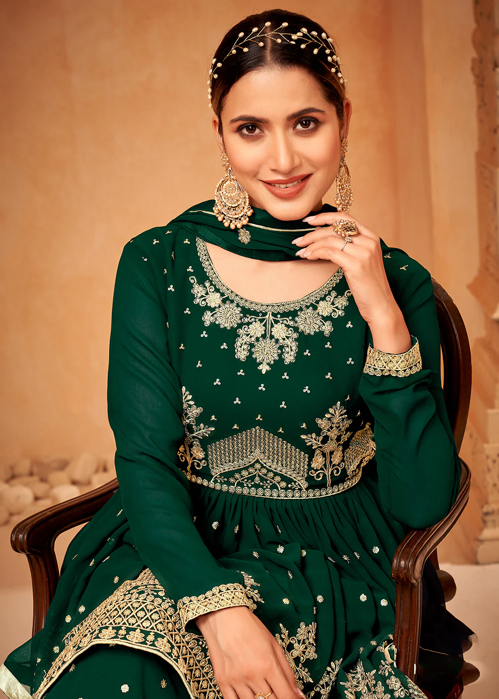 Imperial Dark Green Embroidered Wedding Festive Gharara Suit - Image 2