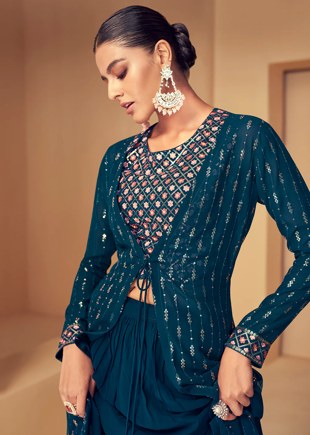 Imperial Navy Blue Jacket Style Party Wear Indo Western Dress - Image 2