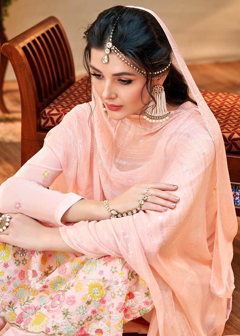 Imperial Peachy Pink Georgette Embroidered Salwar Kurta Set - Image 2