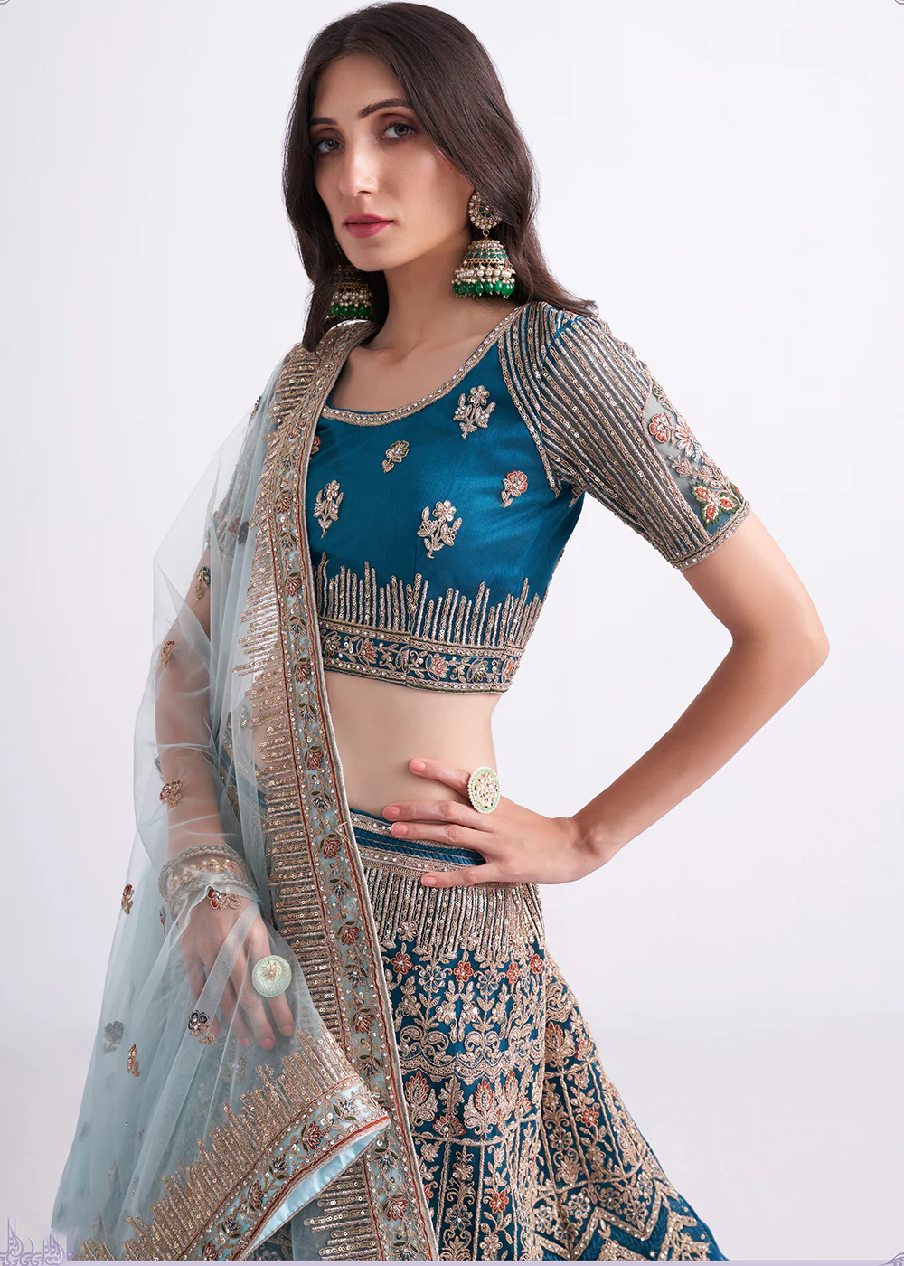 Imposing Teal Blue Wedding Style Designer Bridal Lehenga Choli - Image 2