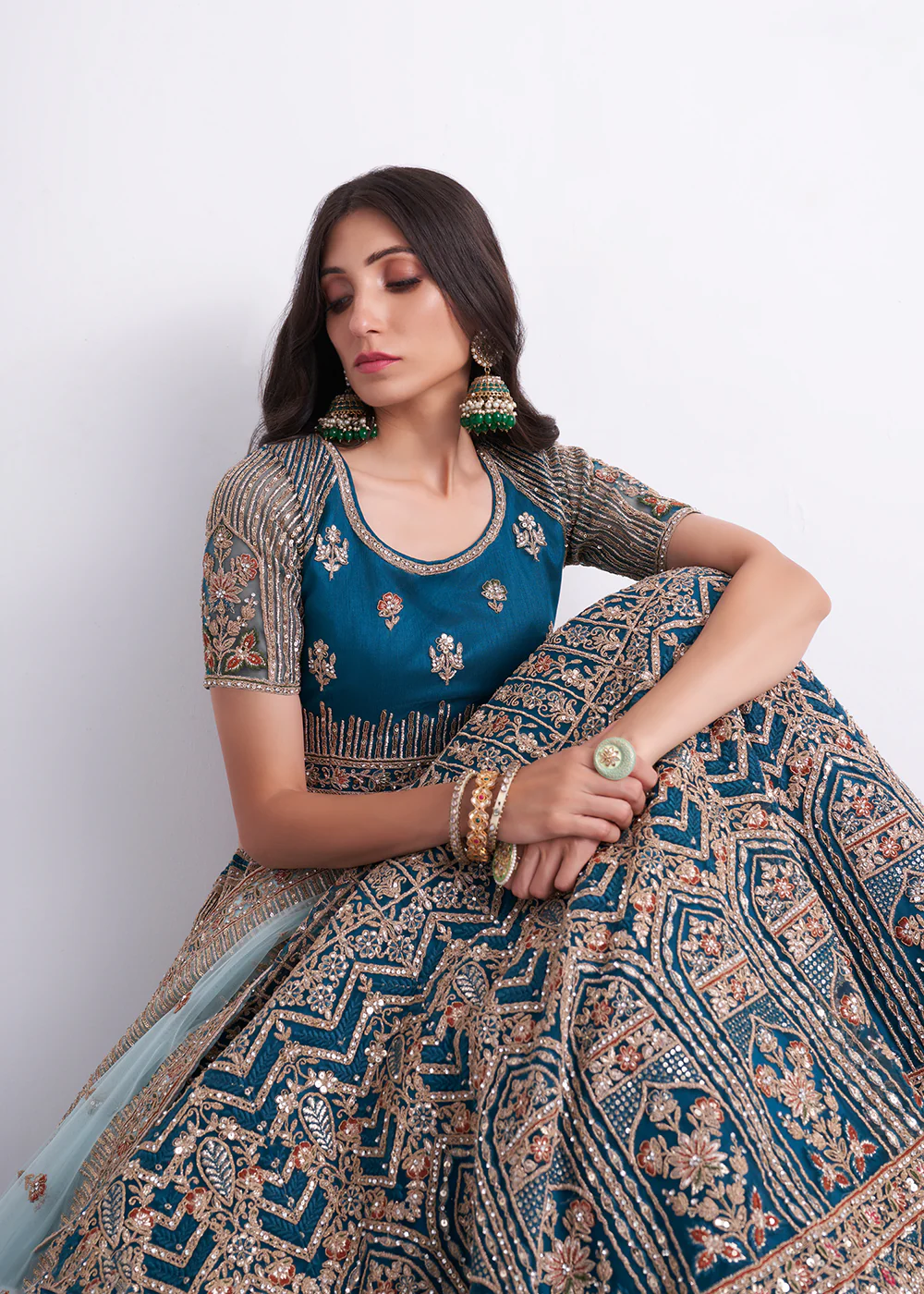 Imposing Teal Blue Wedding Style Designer Bridal Lehenga Choli - Image 4