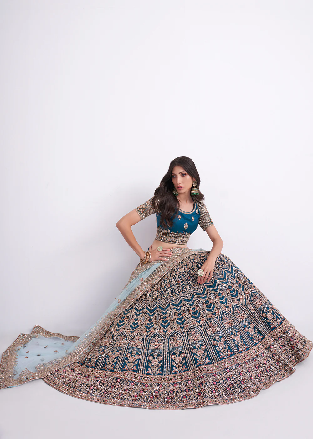 Imposing Teal Blue Wedding Style Designer Bridal Lehenga Choli - Image 6