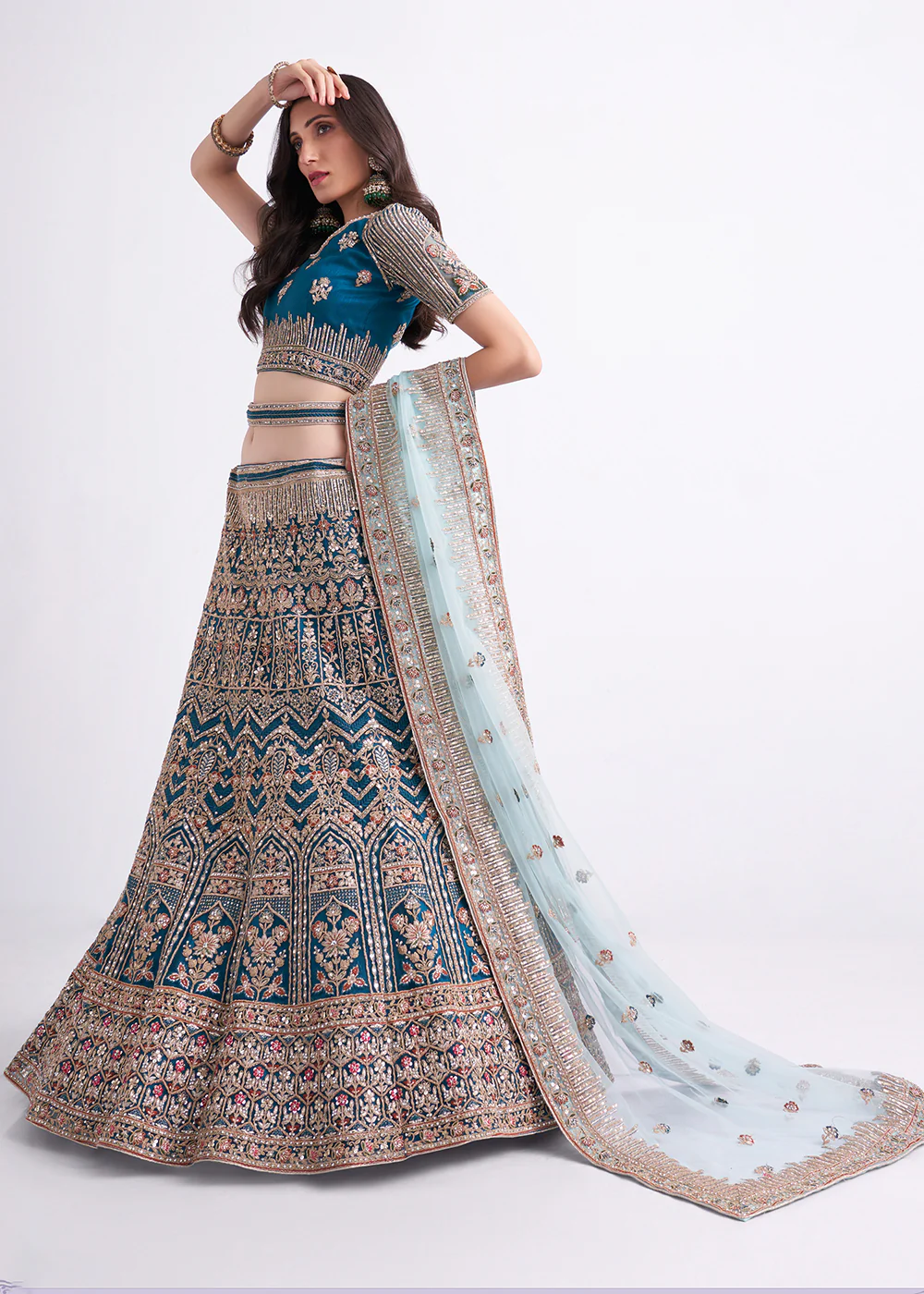 Imposing Teal Blue Wedding Style Designer Bridal Lehenga Choli - Image 8