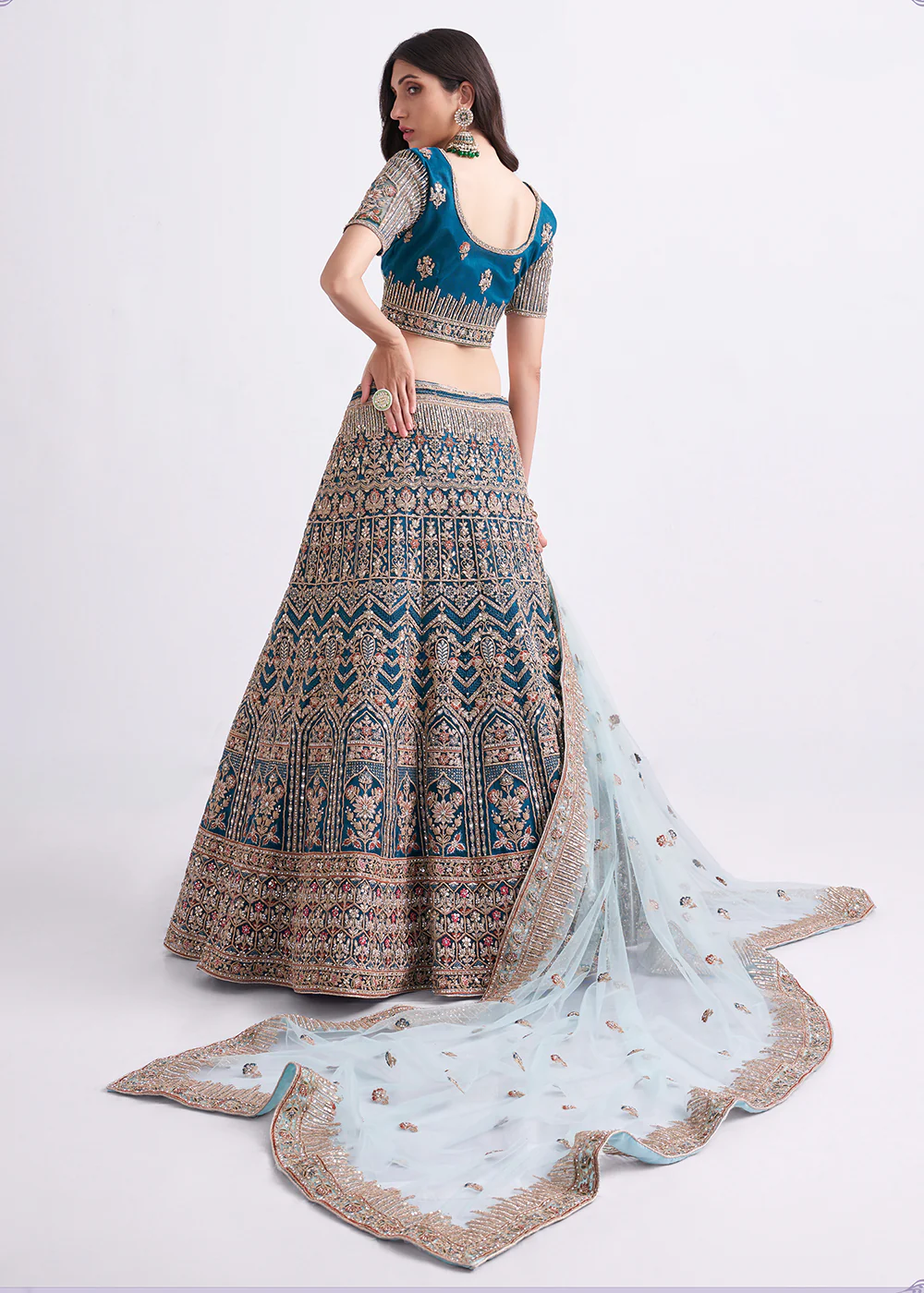 Imposing Teal Blue Wedding Style Designer Bridal Lehenga Choli - Image 9